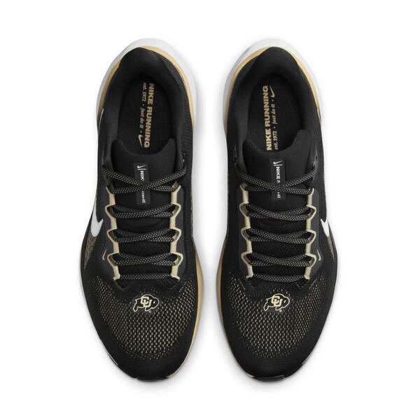 Top view of black Nike Air Zoom running shoes with CU Buffaloes logo on toes and gold Nike Running insoles